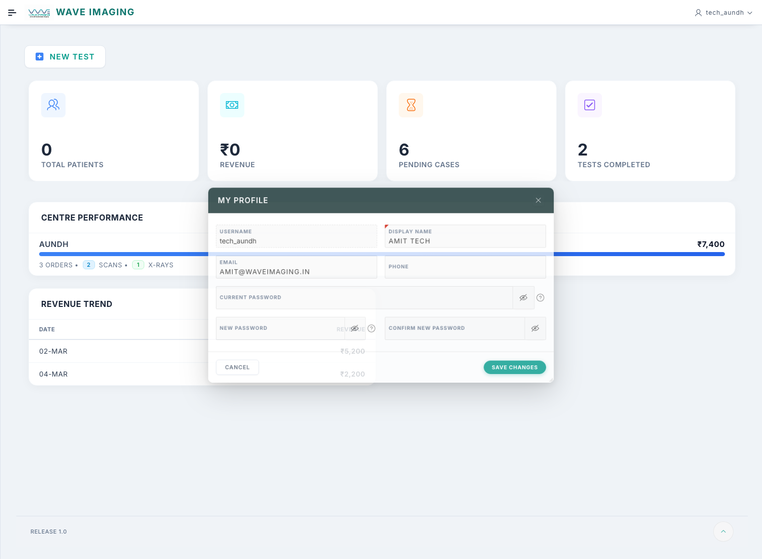 My Profile dialog in Wave Imaging
