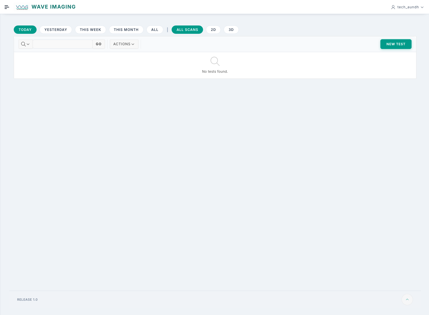 Tests screen in Wave Imaging